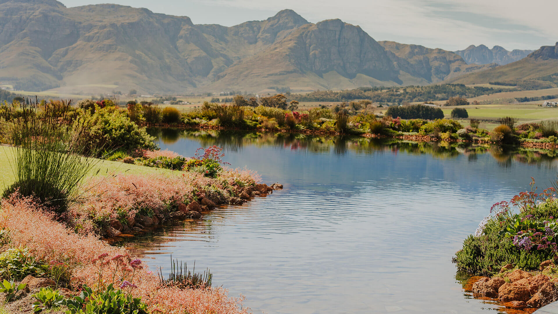 Cape Winelands wedding venues: the dam and mountains at Cavalli Estate